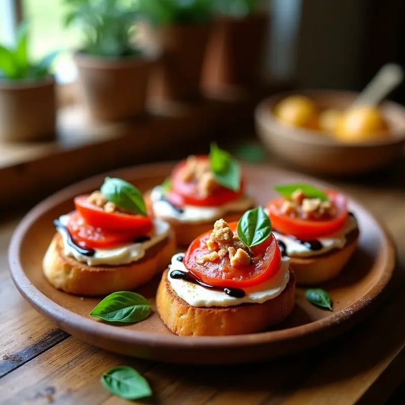 Tosta catalana con pan dorado crujiente, tomate fresco frotado, láminas de queso de cabra cremoso, taquitos de jamón serrano y hojas de albahaca, servida en plato de madera rústico con chorrito de vinagre de Módena.