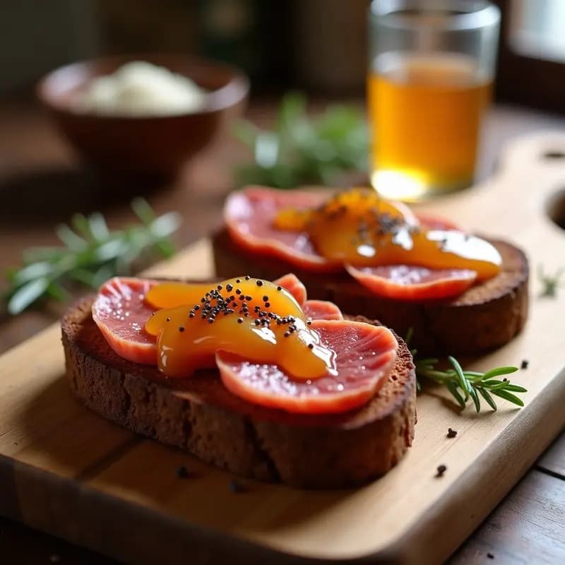 Tosta de pan de centeno dorado con una generosa capa de sobrasada mallorquina cremosa, hilos de miel de romero brillante y pimienta negra espolvoreada, sobre fondo rústico de madera. Receta balear dulce-salada en 5 minutos.