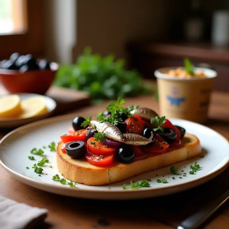 Tosta de pan sin gluten crujiente con escalivada de berenjena, pimiento y cebolla morada, filetes de anchoas y aceitunas negras, decorada con perejil fresco. Entrante catalán gourmet y sin gluten servido en plato rústico.