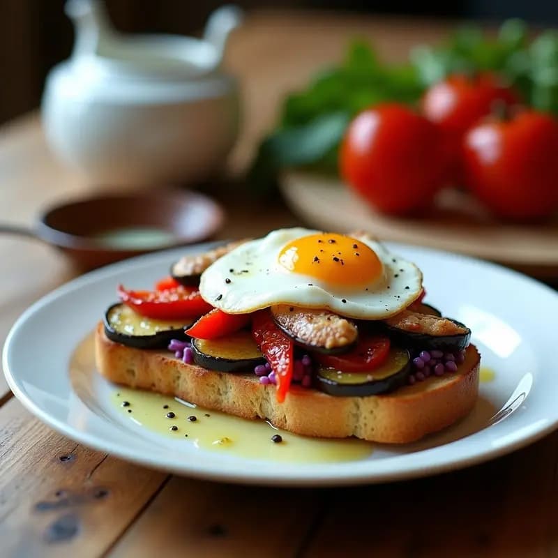 Tosta dorada con escalivada de berenjena, pimiento y cebolla asados, anchoas en aceite y huevo pochado con yema líquida, servida en plato blanco rústico, desayuno catalán tradicional.