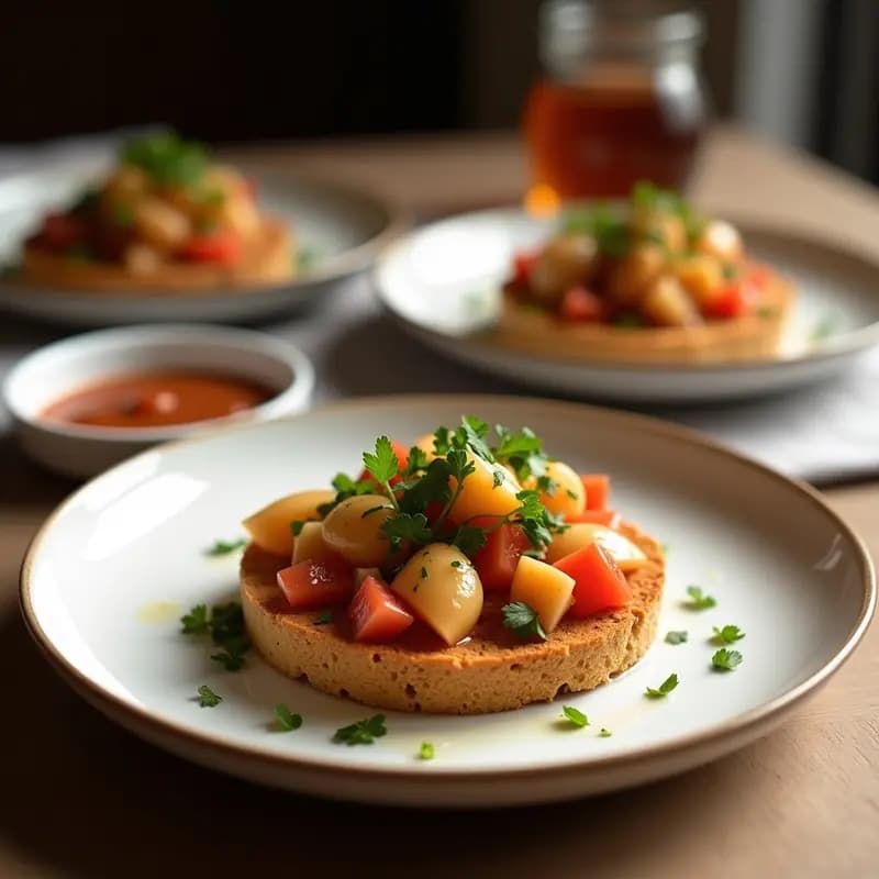 Tosta de pan rústico crujiente con escalivada de berenjena, pimiento rojo y cebolla morada asada, coronada con filetes de anchoas en aceite y un hilo de vinagreta de ajo. Aperitivo catalán con contrastes de sabor, servido en plato blanco sobre fondo de madera.
