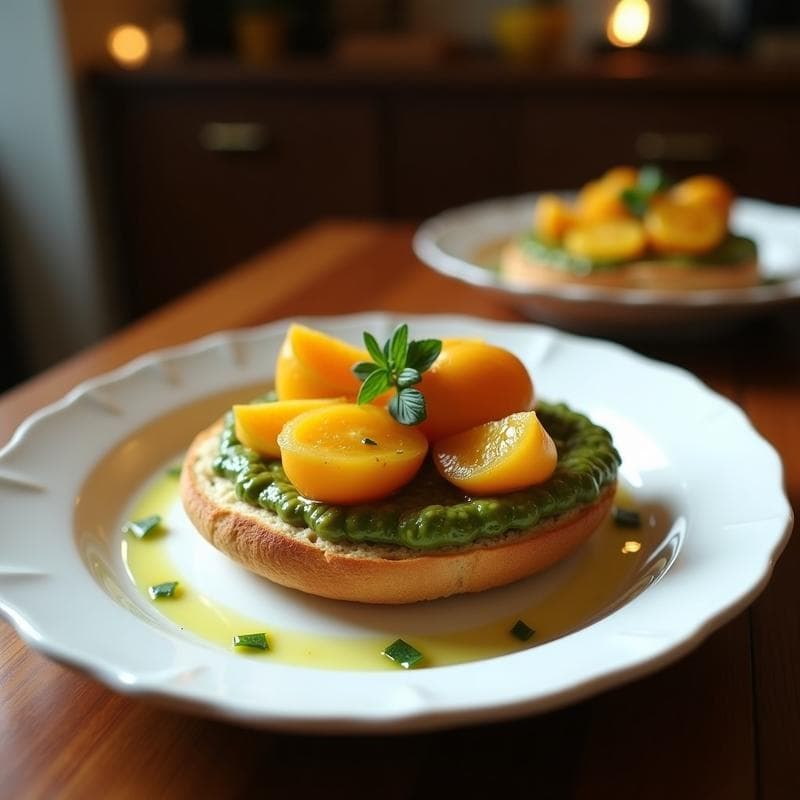 Tosta de pan de espelta dorado con rodajas de berenjena asada melosa, cubiertas de pesto de albahaca verde brillante y piñones, servida en plato blanco rústico. Desayuno mediterráneo saludable.