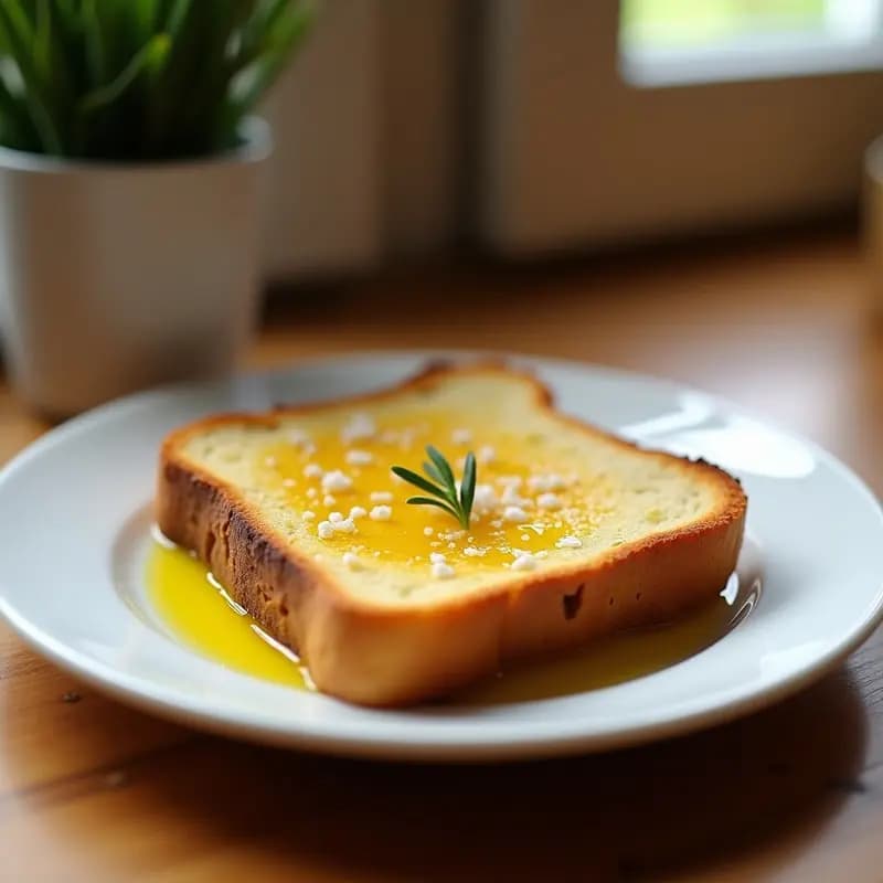 Tosta dorada de pan con aceite de oliva virgen extra y ajo frotado, espolvoreada con sal gruesa sobre un plato blanco rústico, receta tradicional española de desayuno o merienda.