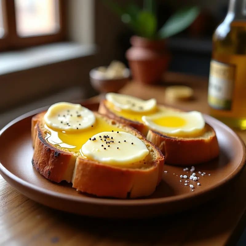 Tosta de pan crujiente con láminas de queso manchego curado, bañada en aceite de oliva virgen extra y espolvoreada con pimienta negra, sobre un plato de madera rústica. Receta castellana tradicional para desayunar.