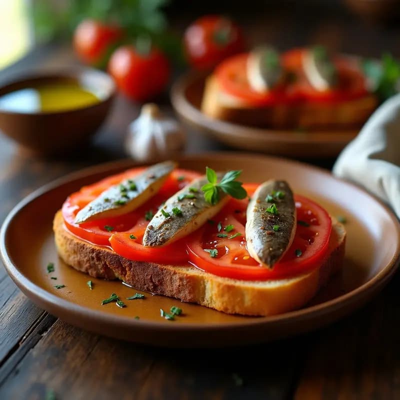 Tosta de pan crujiente con tomate rallado fresco, anchoas en aceite y pimiento choricero picado, servida en plato rústico de madera. Receta de tapa vasca gourmet con aceite de oliva virgen extra.