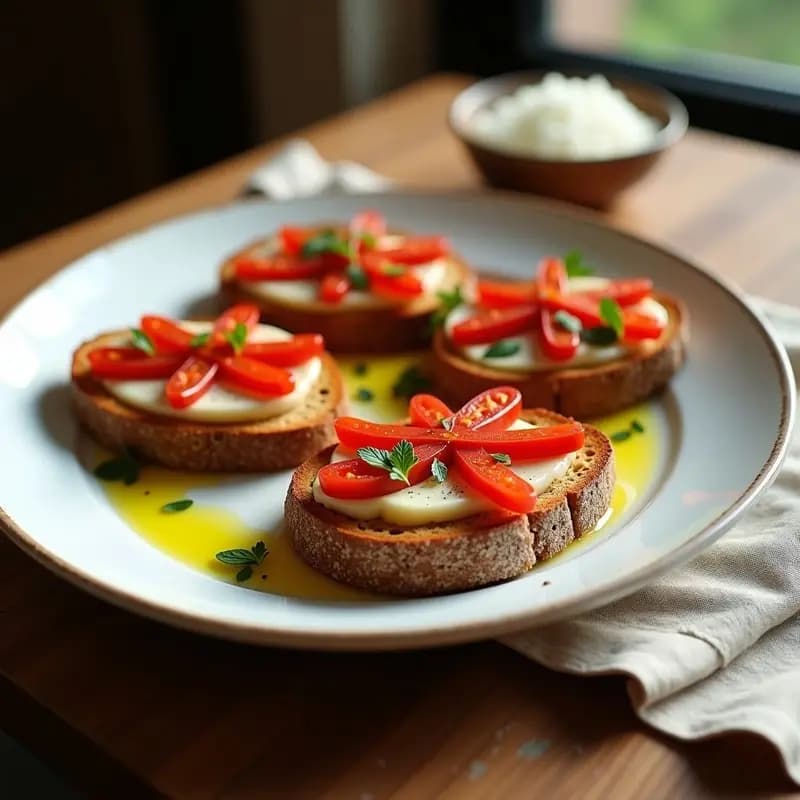 Tosta de pan de centeno crujiente con filetes de anchoas brillantes y tiras de pimientos de piquillo rojos, decorada con perejil fresco y un hilo de aceite de oliva virgen extra, servida en plato blanco sobre fondo rústico.