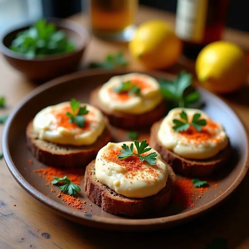 Tosta de pan de centeno dorado con una capa generosa de brandada de bacalao cremosa, espolvoreada con pimentón de la Vera y decorada con perejil fresco, sobre un plato de madera rústico con fondo borroso.