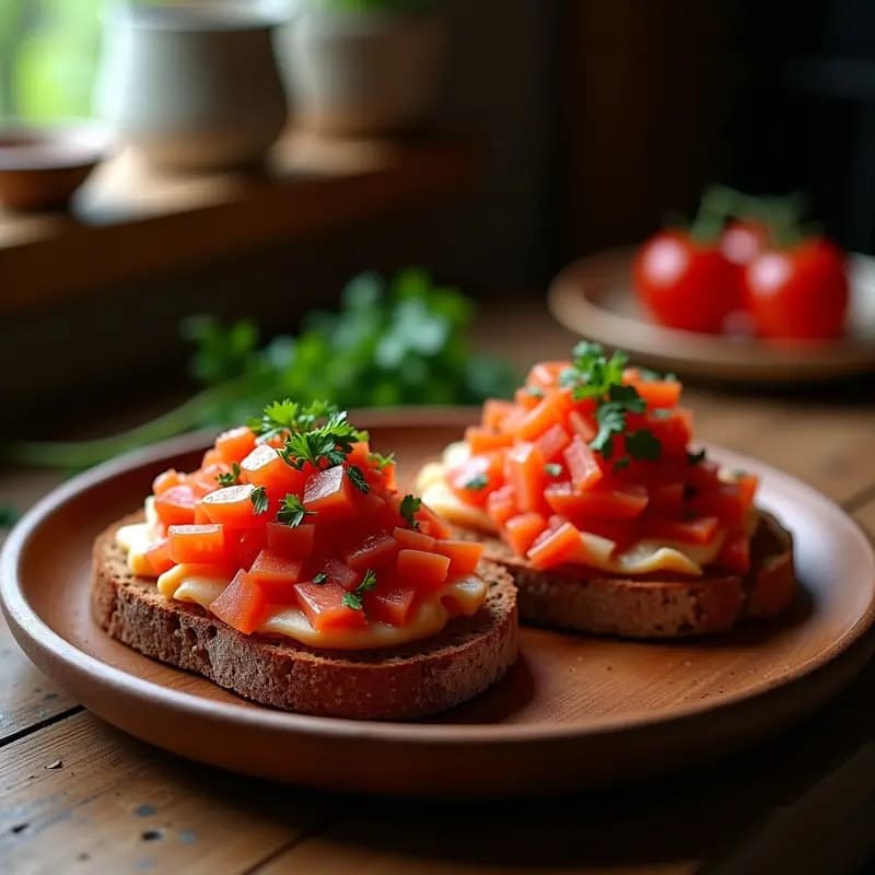 Tosta de pan de centeno dorado y crujiente con una capa de tomate triturado rojo intenso, ventresca de atún desmenuzada en el centro, espolvoreada con pimentón de la Vera y cebollino fresco picado, servida en un plato de madera rústico.