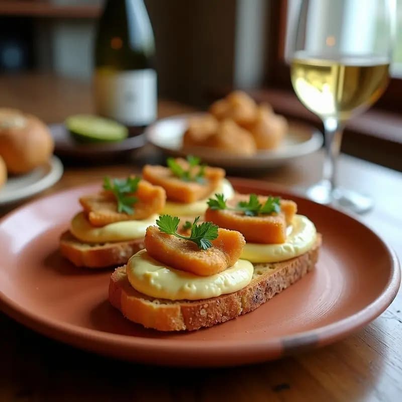 Tosta de pan de cristal dorado con ancas de rana fritas y crujientes sobre una capa de alioli cremoso, decorada con perejil fresco. plato típico de la huerta murciana servido en un plato de barro rústico.