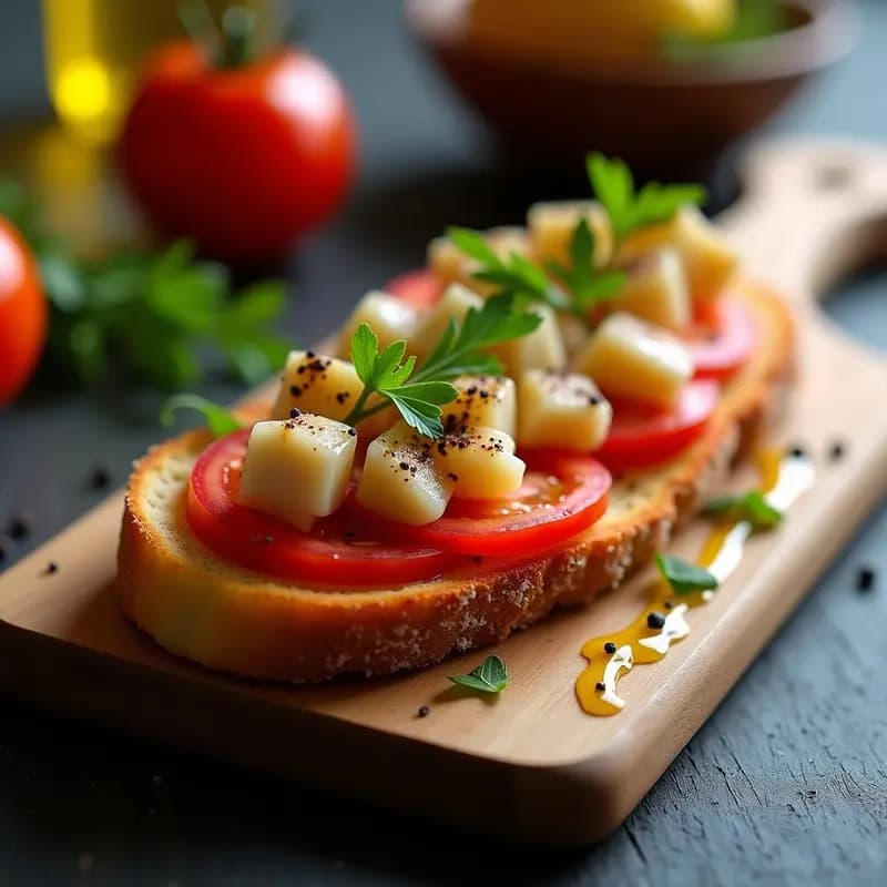 Tosta de pan de cristal dorado con tomate fresco frotado, ventresca de atún en aceite de oliva y perejil picado, montadito gaditano gourmet sobre tabla de madera rústica.
