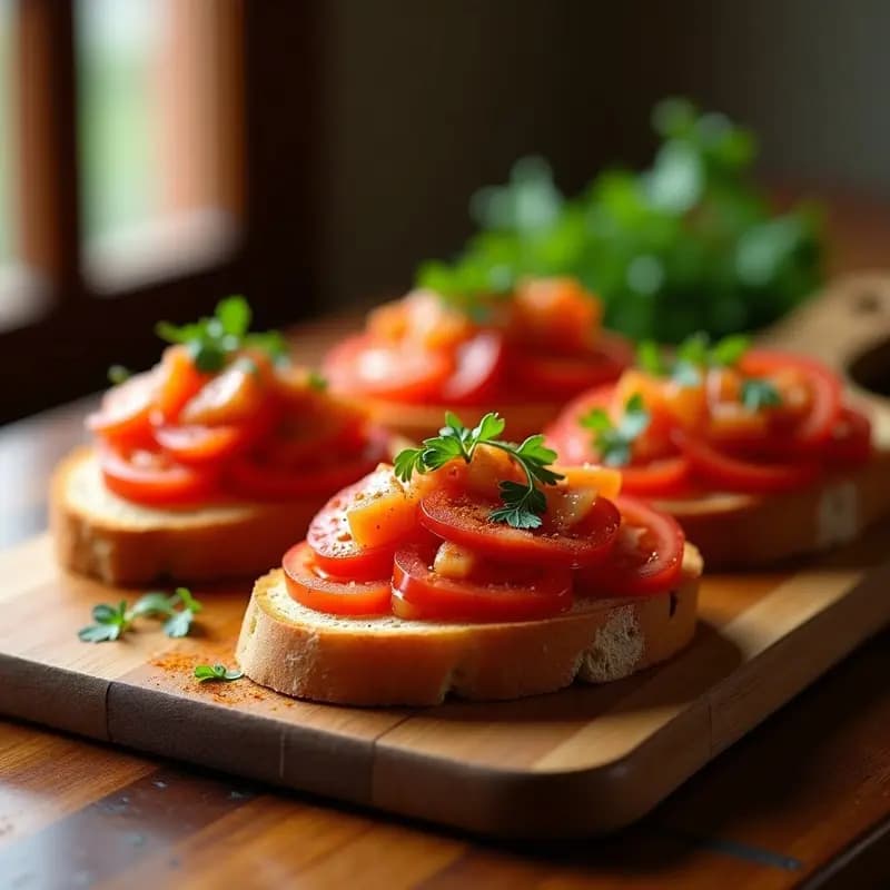 Tosta de pan de hogaza dorado con tomate rallado fresco, ventresca de atún desmenuzada espolvoreada con pimentón de la Vera y perejil picado, servida en plato rústico de barro sobre fondo de madera oscura.