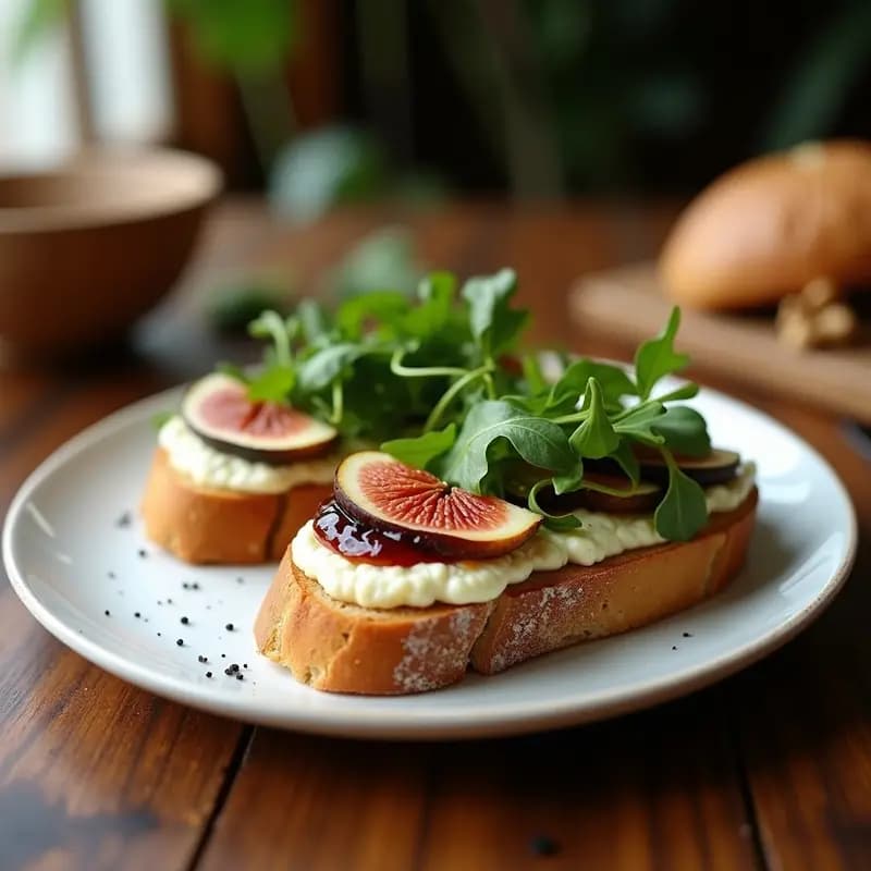 Tosta de pan integral dorado y crujiente con rodajas de queso de cabra tierno, mermelada de higos brillante, hojas de rúcula fresca y nueces picadas, servida en plato blanco sobre fondo rústico. Receta de tosta dulce-salada en 5 minutos.