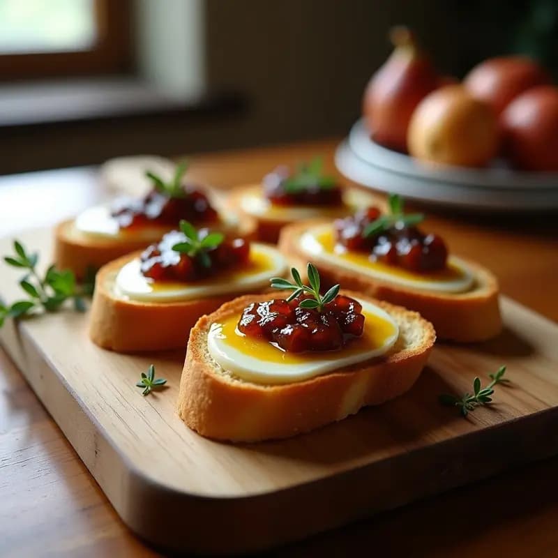 Tosta dorada de pan crujiente con láminas de queso brie derretido, mermelada de higos brillante y hojas de tomillo fresco, aperitivo dulce-salado sobre tabla de madera rústica.