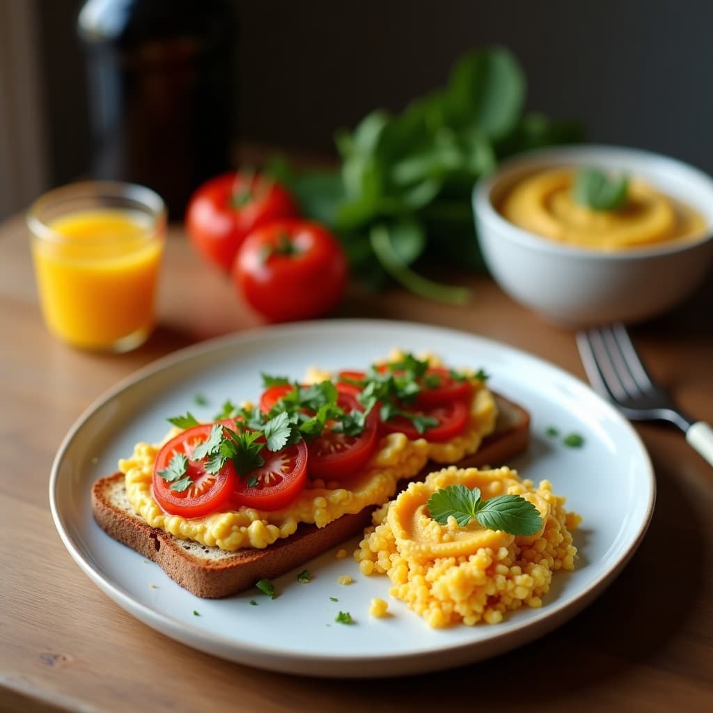 Tosta crujiente de pan de quinoa sin gluten con una capa cremosa de hummus de lentillas, coronada con hojas frescas de rúcula y semillas de sésamo tostadas. Plato sencillo y colorido sobre fondo rústico de madera, ideal para un desayuno saludable y rico en hierro.