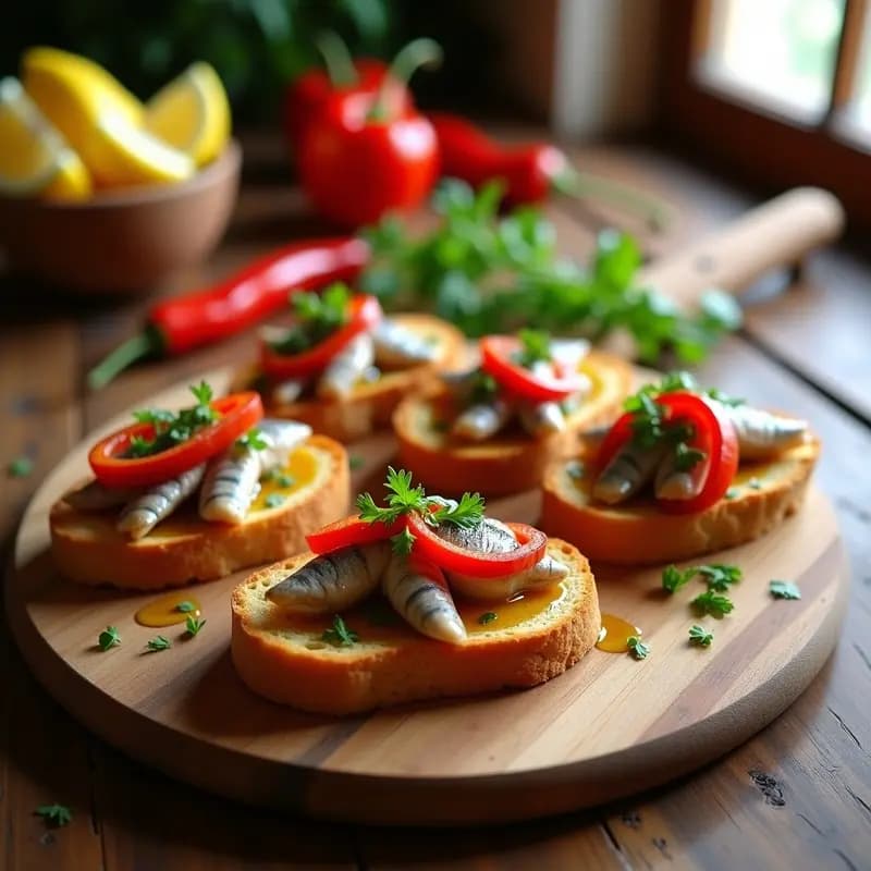 Tosta de pan crujiente con sardinas en aceite desmenuzadas, pimientos asados en tiras y perejil fresco, sobre tabla de madera rústica. Tapa vasca alta en omega-3.