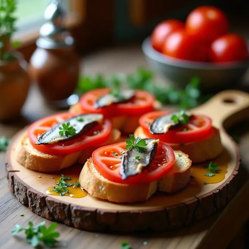 Tosta de pan crujiente con tomate frotado, filetes de anchoas en aceite y perejil picado, receta catalana rápida y salada sobre tabla de madera rústica.