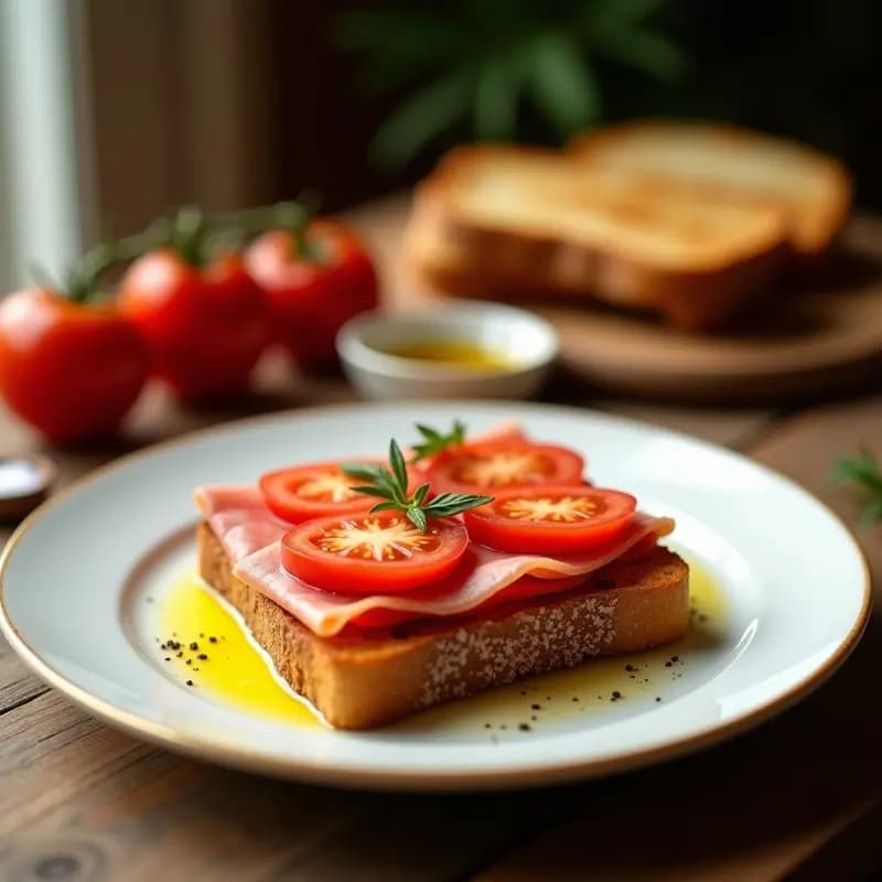 Tosta de pan dorado con tomate rallado fresco, taquitos de jamón serrano y un hilo de aceite de oliva virgen extra sobre fondo rústico de madera, receta rápida y saludable para desayuno o cena.