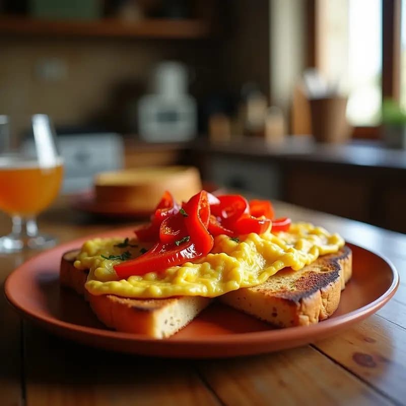 Tosta dorada de pan de barrio con una porción generosa de tortilla de patata jugosa y tiras de pimientos asados rojos, servida en un plato rústico de barro con fondo borroso de cocina tradicional española.