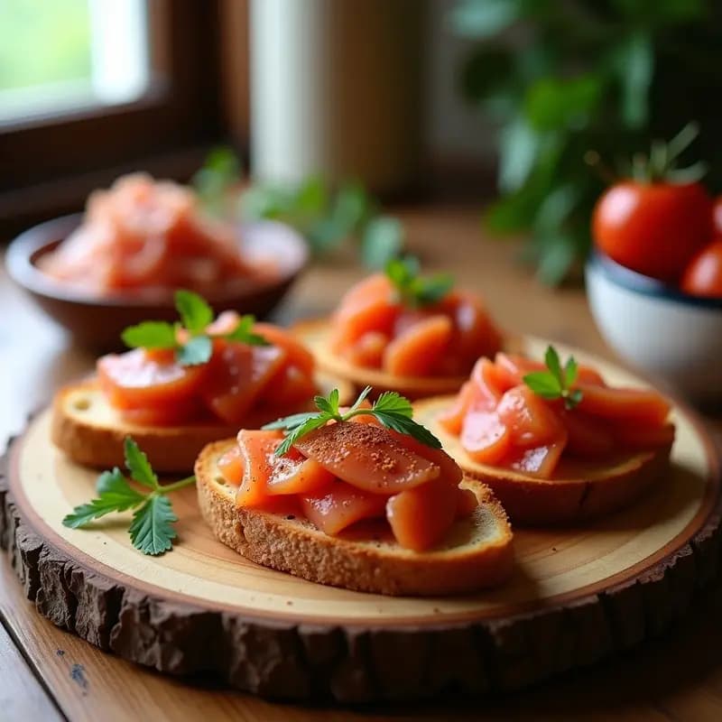 Tosta de pan crujiente con ventresca de atún desmenuzada, espolvoreada con pimentón de la Vera y perejil fresco, servida en bandeja de madera rústica. Aperitivo rápido y elegante.
