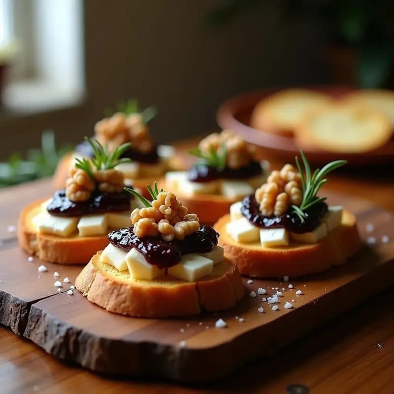 Tosta dorada de pan de barra con queso de cabra desmenuzado, mermelada de higo brillante, nueces picadas y un hilo de miel, decorada con romero fresco sobre una tabla de madera rústica. Aperitivo dulce y salado típico español.
