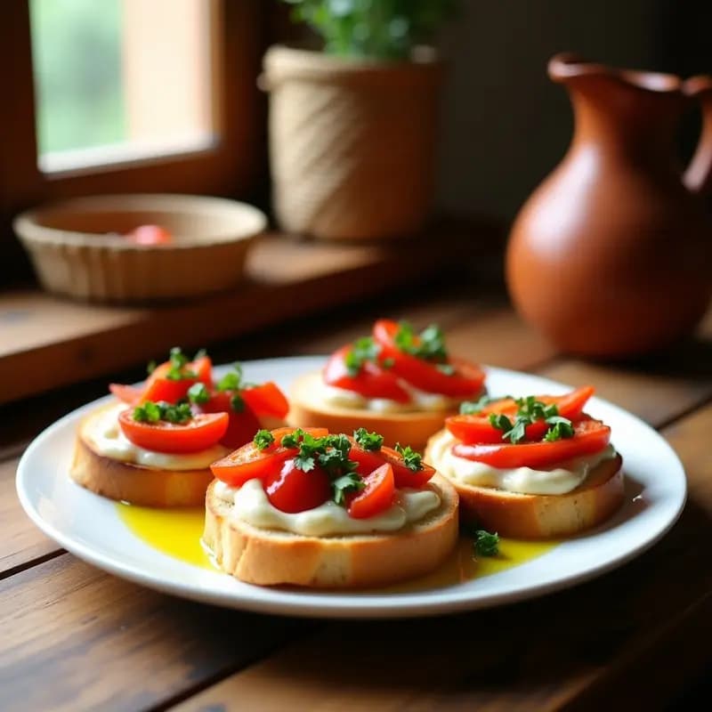 Tosta de pan crujiente con ventresca de atún desmenuzada, tiras de pimientos asados rojos y un toque de perejil fresco, dispuesta en un plato rústico de madera con aceite de oliva virgen extra.