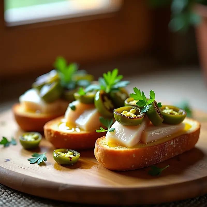 Tosta de pan tostado con ventresca de atún desmenuzada y pimientos del Padrón fritos, aperitivo rápido y gourmet sobre tabla de madera rústica.