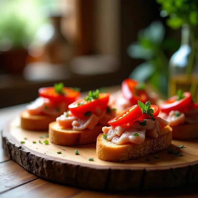 Tosta de pan crujiente con ventresca de atún desmenuzada y tiras de pimientos del piquillo asados, decorada con perejil fresco y un hilo de aceite de oliva virgen extra. Plato tradicional español servido en tabla de madera rústica.