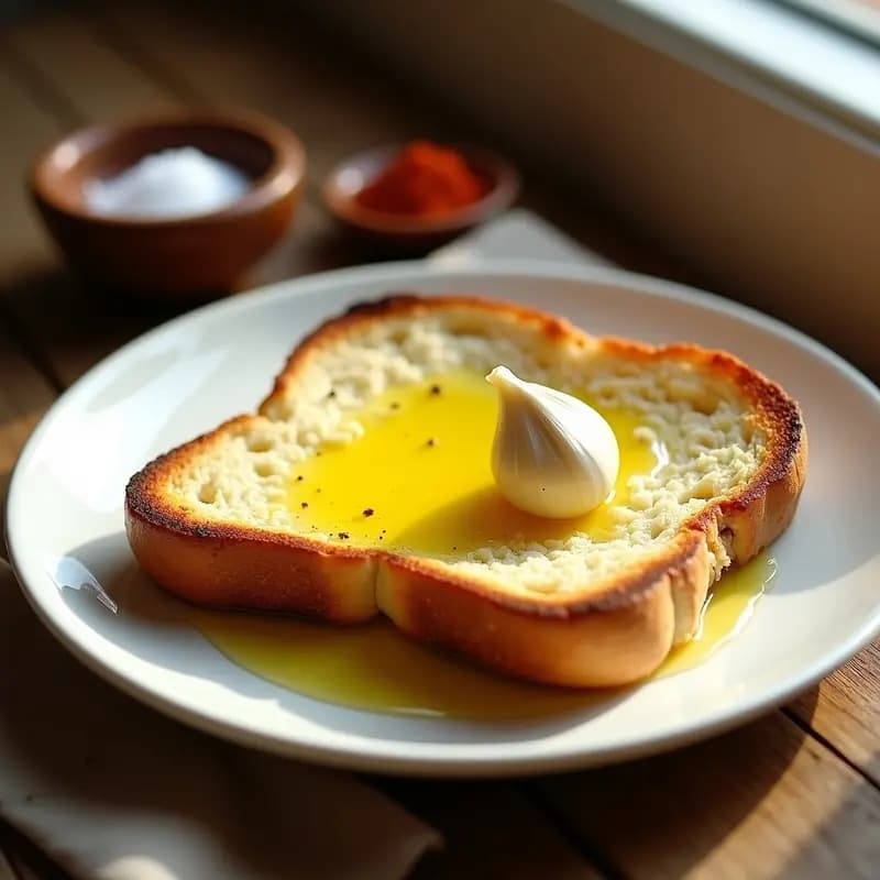 Tostada dorada y crujiente de pan de barra con aceite de oliva virgen extra brillante y ajo frotado, servida en un plato blanco rústico sobre una mesa de madera. Desayuno andaluz clásico y saludable.