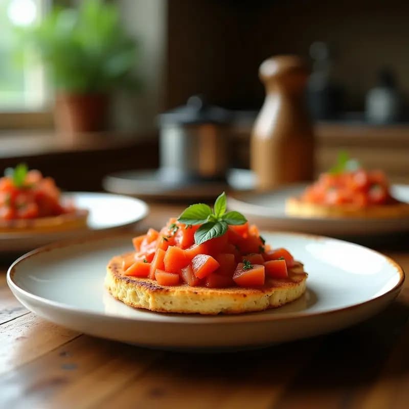 Tostada dorada de pan de barra con tomate triturado fresco y aceite de oliva virgen extra, servida en un plato blanco rústico sobre una mesa de madera. Desayuno andaluz tradicional y rápido.