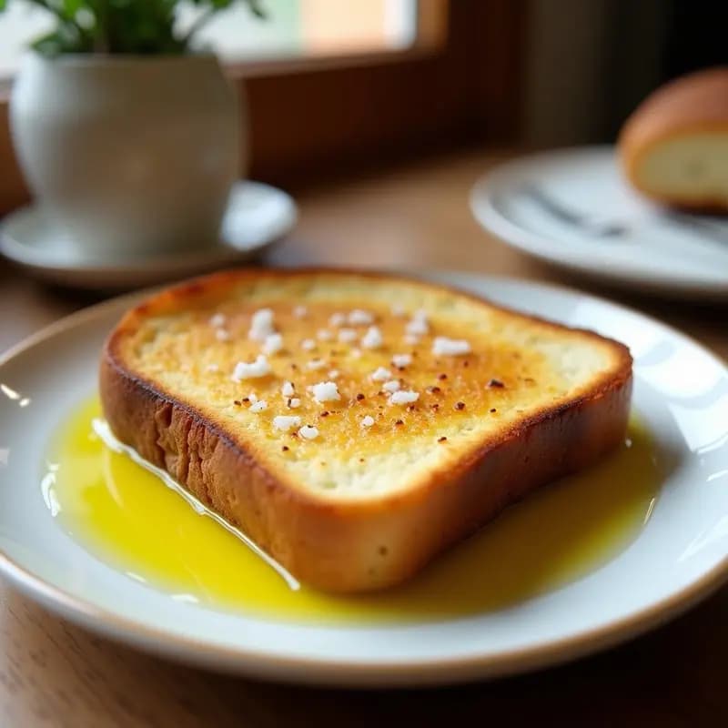 Tostada dorada y crujiente de pan de barra con un hilo de aceite de oliva virgen extra brillante y una pizca de sal marina fina espolvoreada, sobre un plato de cerámica blanca con fondo rústico de madera.