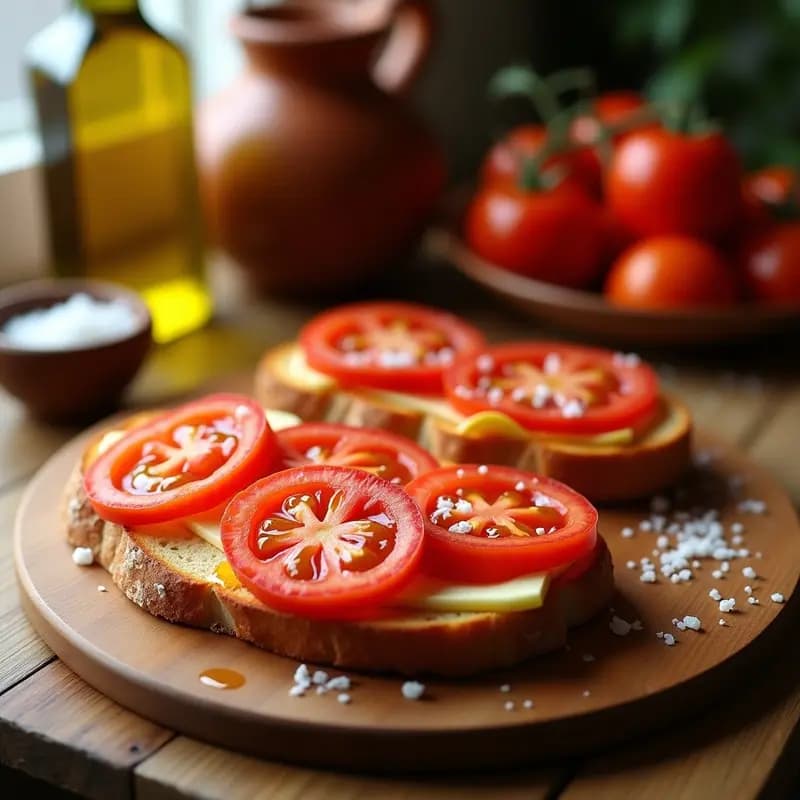 Tostada dorada de pan de barra con tomate frotado y aceite de oliva virgen extra, receta catalana tradicional para desayunar.