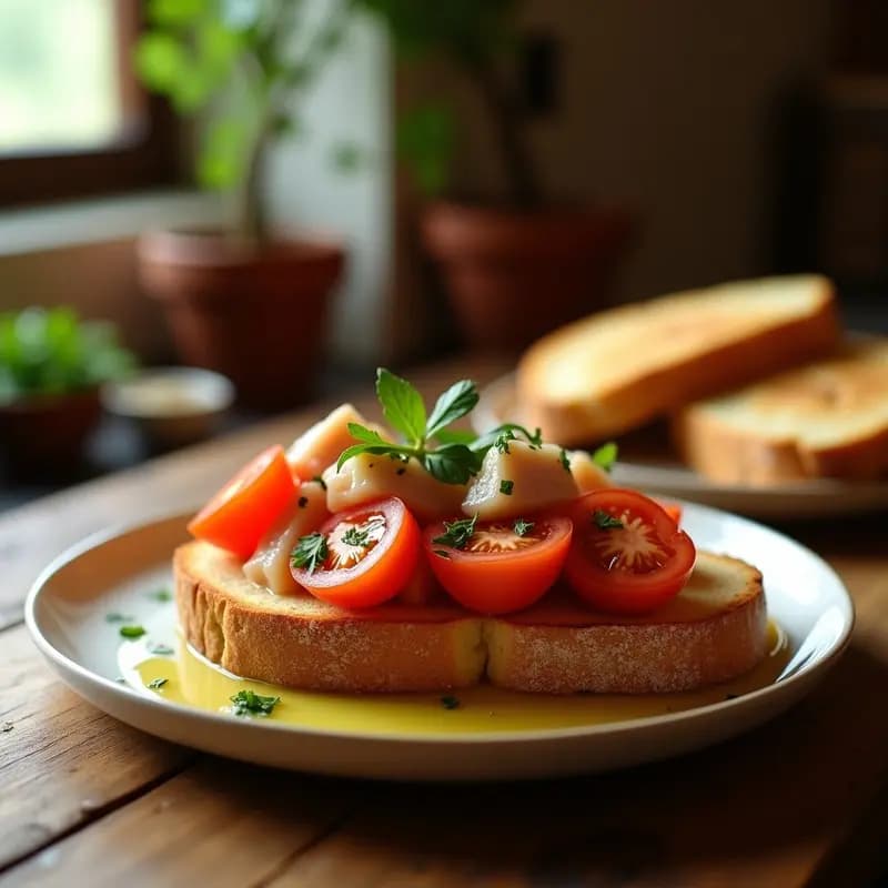 Tostada dorada y crujiente de pan de barra con tomate fresco frotado, ventresca de atún en trozos y perejil picado, bañada con aceite de oliva virgen extra. Receta andaluza tradicional para desayuno o cena.
