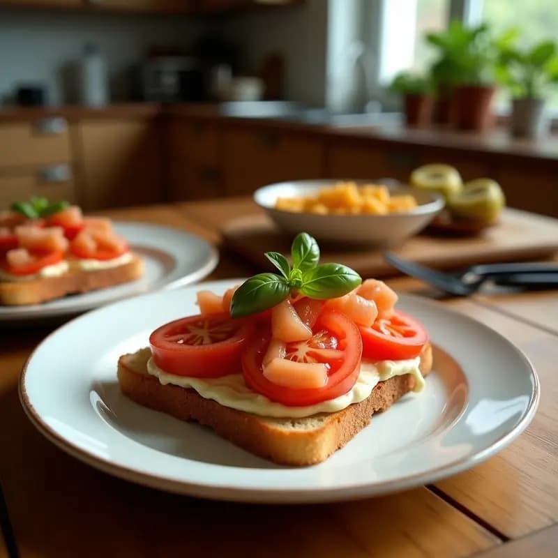 Tostada dorada de pan de barra con tomate fresco frotado, anchoas en aceite y un hilo de aceite de oliva virgen extra, servida en plato blanco sobre fondo rústico de madera.