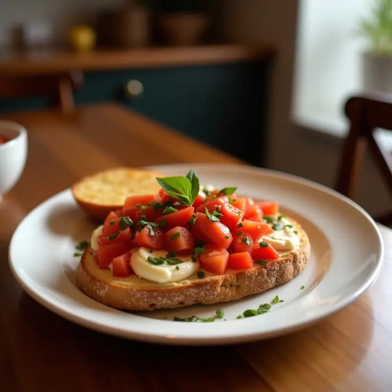 Tostada de pan de cristal sin gluten dorado con puré de tomate rojo intenso, filetes de anchoas en abanico, perejil fresco y un hilo de aceite de oliva virgen extra, entrante catalán tradicional sobre una tabla de madera rústica.