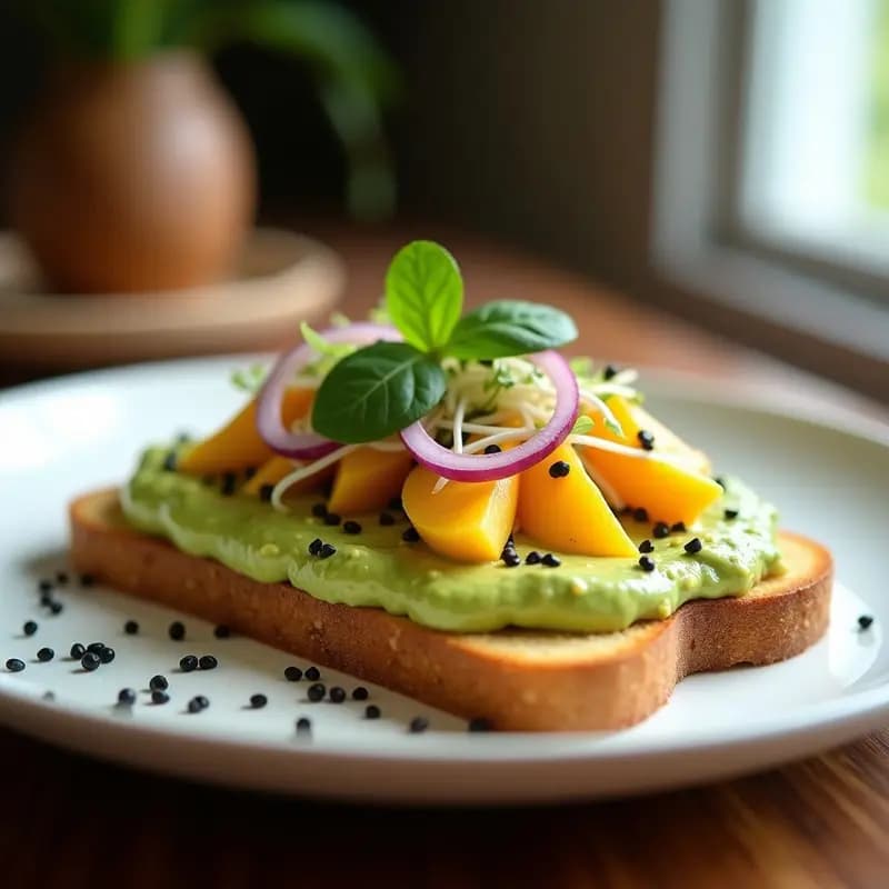 Tostada de pan de maíz dorado con guacamole cremoso de mango y hojas de stevia, decorada con semillas de sésamo negro y blanco, germinados de alfalfa y cebolla morada en juliana. Plato colorido y fotogénico ideal para desayuno mexicano sin azúcar.