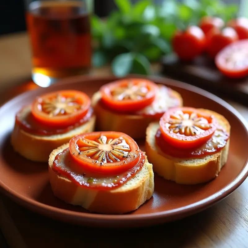 Tostada de pan con tomate y butifarra en plato rústico de barro, con rodajas doradas de butifarra sobre pan tostado con tomate frotado, aliñado con aceite de oliva virgen extra y pimienta negra.