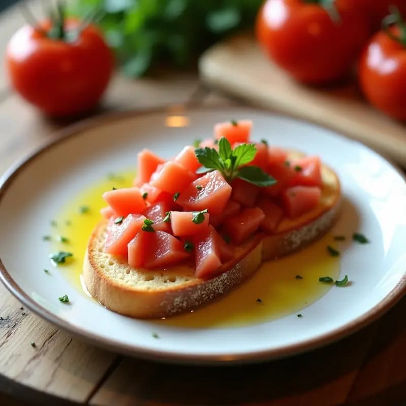Tostada dorada de pan con tomate triturado fresco, ventresca de atún en aceite de oliva y un toque de perejil picado, servida en un plato blanco sobre fondo rústico de madera. Desayuno andaluz clásico.