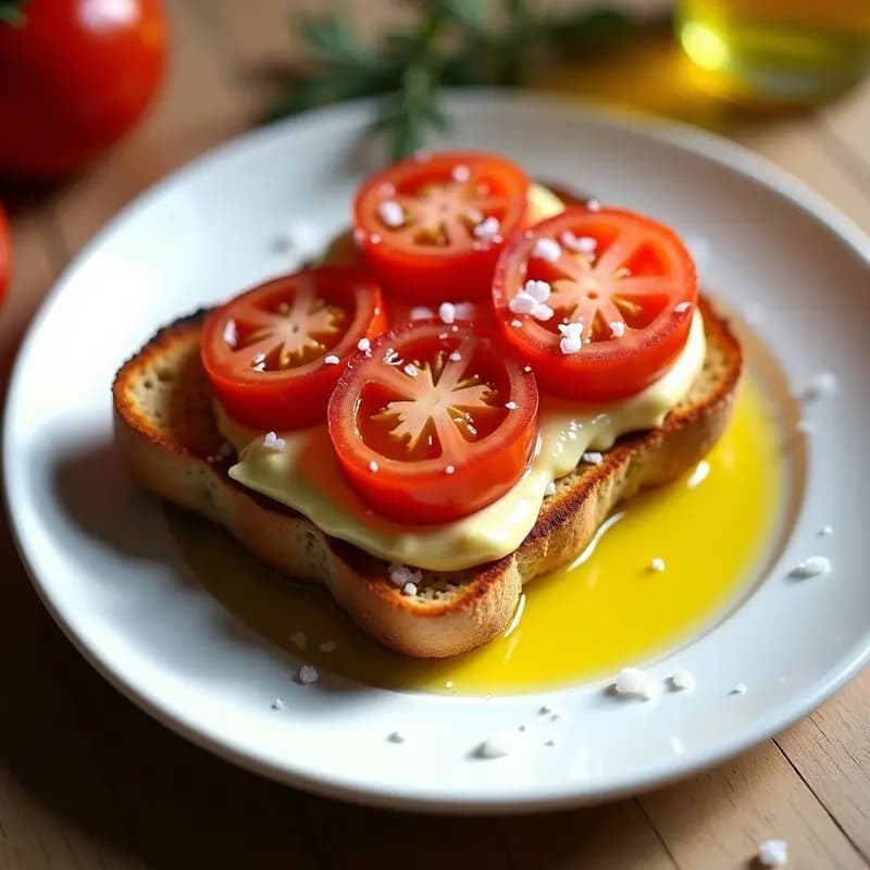 Tostada dorada de pan rústico con tomate fresco frotado, bañada en aceite de oliva virgen extra y espolvoreada con sal fina, sobre un plato blanco rústico con fondo de madera clara, desayuno catalán tradicional.