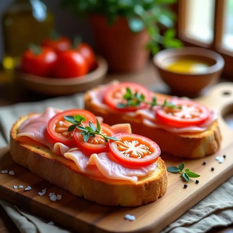 Tostada dorada y crujiente de pan de barra con tomate maduro frotado, bañada en aceite de oliva virgen extra y cubierta con lonchas finas de jamón serrano, desayuno catalán clásico y nutritivo.