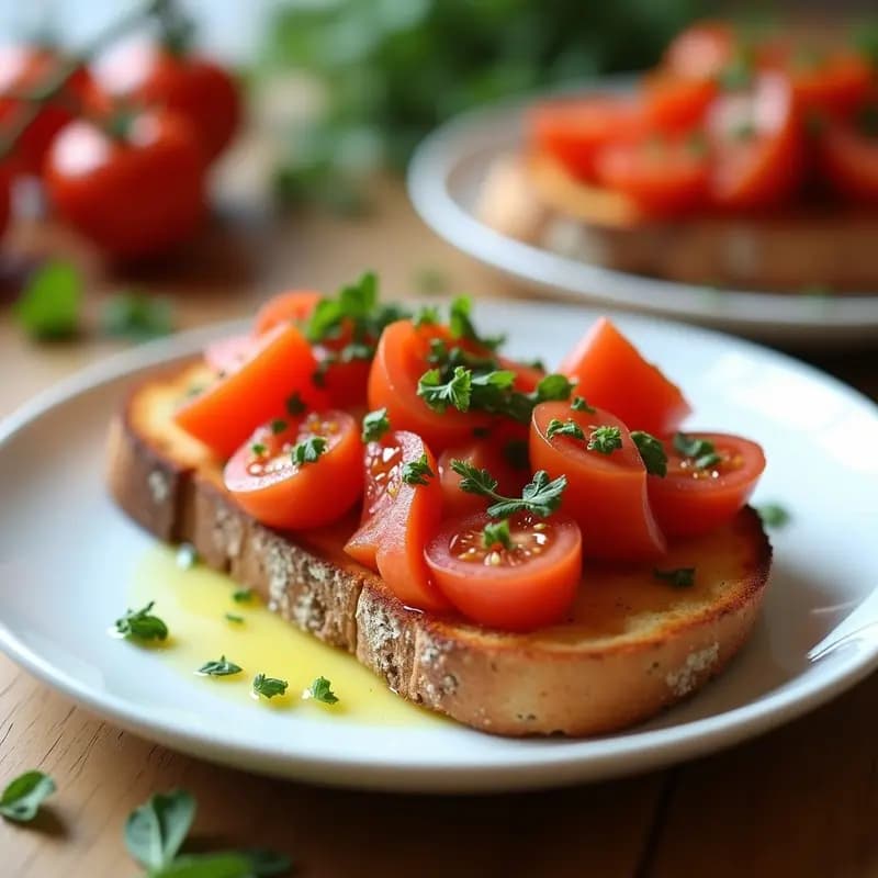 Tostada dorada y crujiente con tomate fresco frotado, ventresca de atún en aceite y orégano fresco picado, servida en plato blanco rústico sobre fondo de madera clara.
