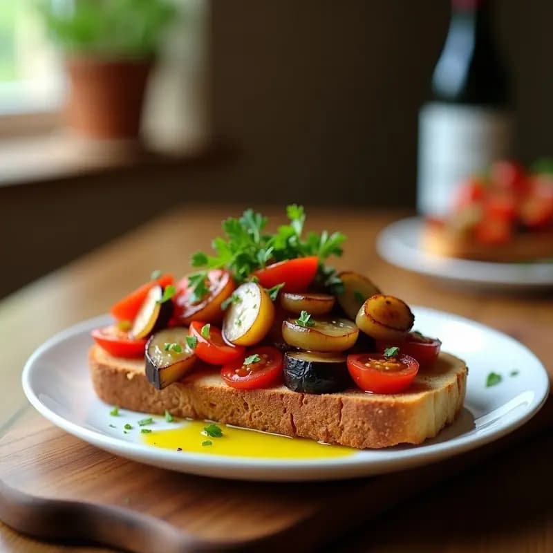 Tostada dorada y crujiente con una generosa capa de tombet (berenjena, pimiento, tomate y cebolla asados) y trozos de ventresca de atún. Decorada con perejil fresco y un hilo de aceite de oliva virgen extra sobre fondo rústico de madera.