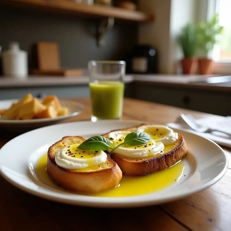 Plato blanco con cuatro tostadas doradas de pan rústico, frotadas con ajo y bañadas en aceite de oliva virgen extra, espolvoreadas con perejil fresco picado y sal marina. Desayuno mediterráneo rápido y saludable.