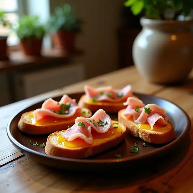 Tostadas doradas de pan con aceite de oliva virgen extra, ajo frotado y jamón serrano en taquitos, servidas en un plato rústico de barro sobre una mesa de madera con fondo desenfocado.