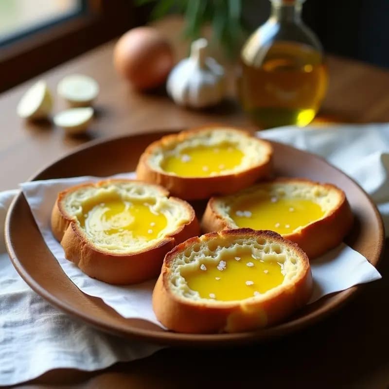 Plato de madera rústico con cuatro tostadas doradas de pan rústico, aliñadas con aceite de oliva virgen extra, frotadas con ajo y espolvoreadas con sal marina, sobre un mantel de lino blanco. Receta tradicional española de tostadas con aceite, ajo y sal.