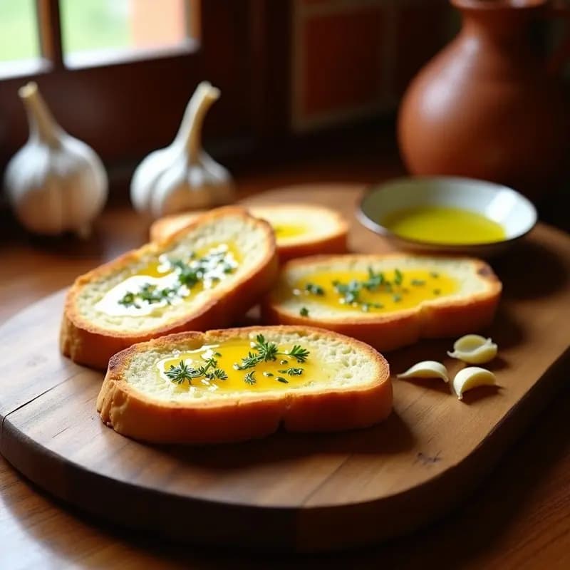 Plato de tostadas doradas con aceite de oliva virgen extra y ajo frotado, servidas sobre una tabla de madera rústica. Receta tradicional de tostadas con aceite y ajo, desayuno o cena sencillo y sabroso.