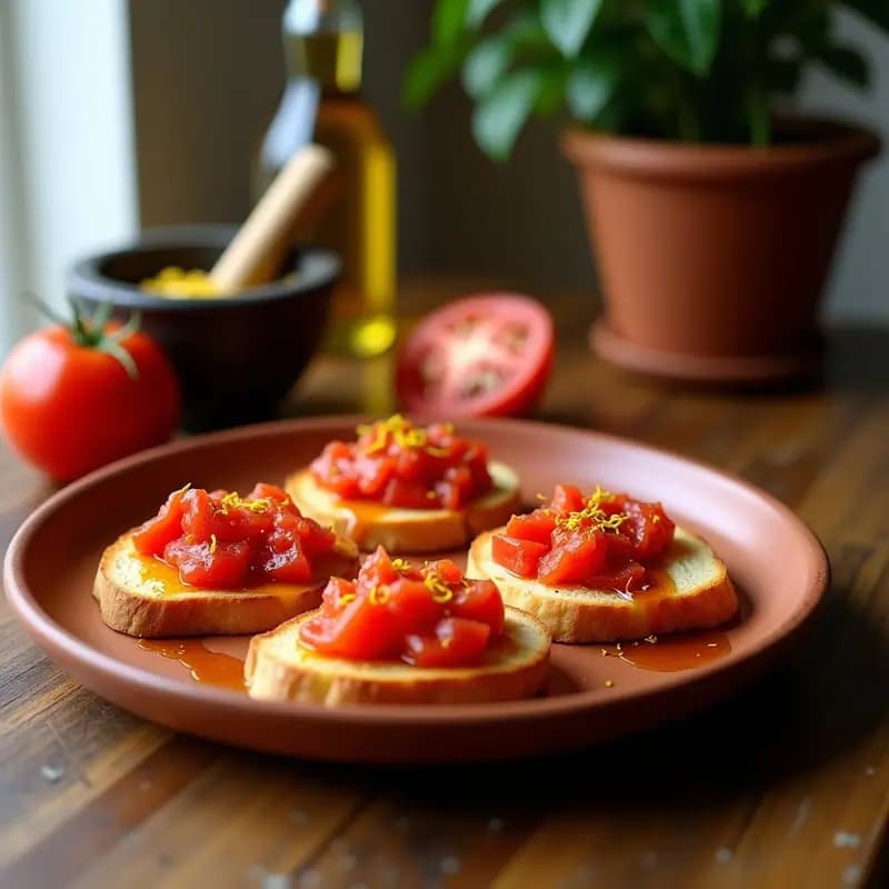 Tostadas doradas de pan rústico con tomate frotado, aceite de oliva virgen extra y hebras de azafrán dispersas, servidas en plato de barro sobre fondo de madera clara.