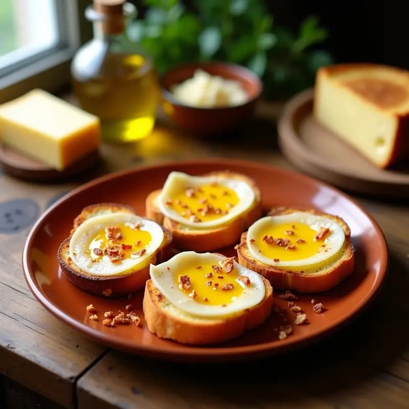 Tostadas doradas y crujientes con láminas de queso manchego semicurado derritiéndose ligeramente, bañadas en aceite de oliva virgen extra y espolvoreadas con pimentón dulce de La Vera, sobre un plato de barro rústico.