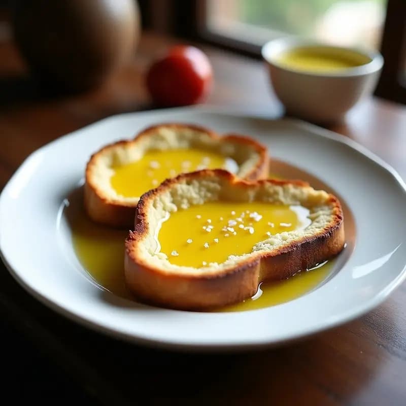 Plato blanco con dos tostadas doradas de pan de barra, generosamente aliñadas con aceite de oliva virgen extra y una pizca de sal marina fina, sobre fondo rústico de madera. Desayuno español tradicional sencillo y energético.
