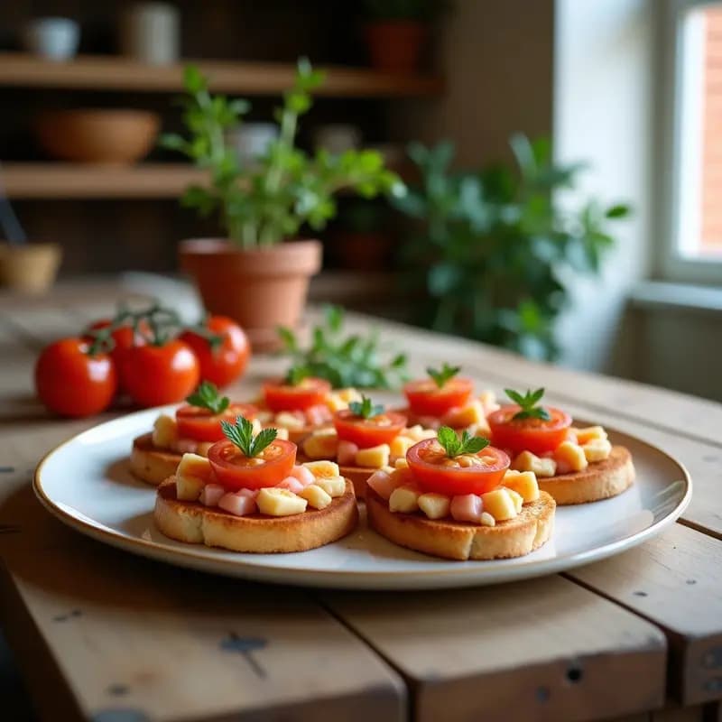 Plato rústico de madera con tostadas doradas de pan de barra, cubiertas con puré de tomate fresco, filetes de anchoas en salazón, perejil picado y un hilo de aceite de oliva virgen extra brillante. Entrante mediterráneo rápido y tradicional.