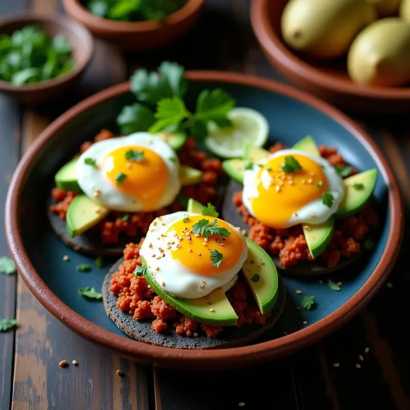 Tostadas de maíz azul con láminas de aguacate verde, chorizo vegano dorado, huevo pochado con yema líquida y salsa chipotle cremosa. Decorado con cilantro fresco, semillas de sésamo y rodajas de lima sobre un plato de barro rústico con fondo de madera oscura.